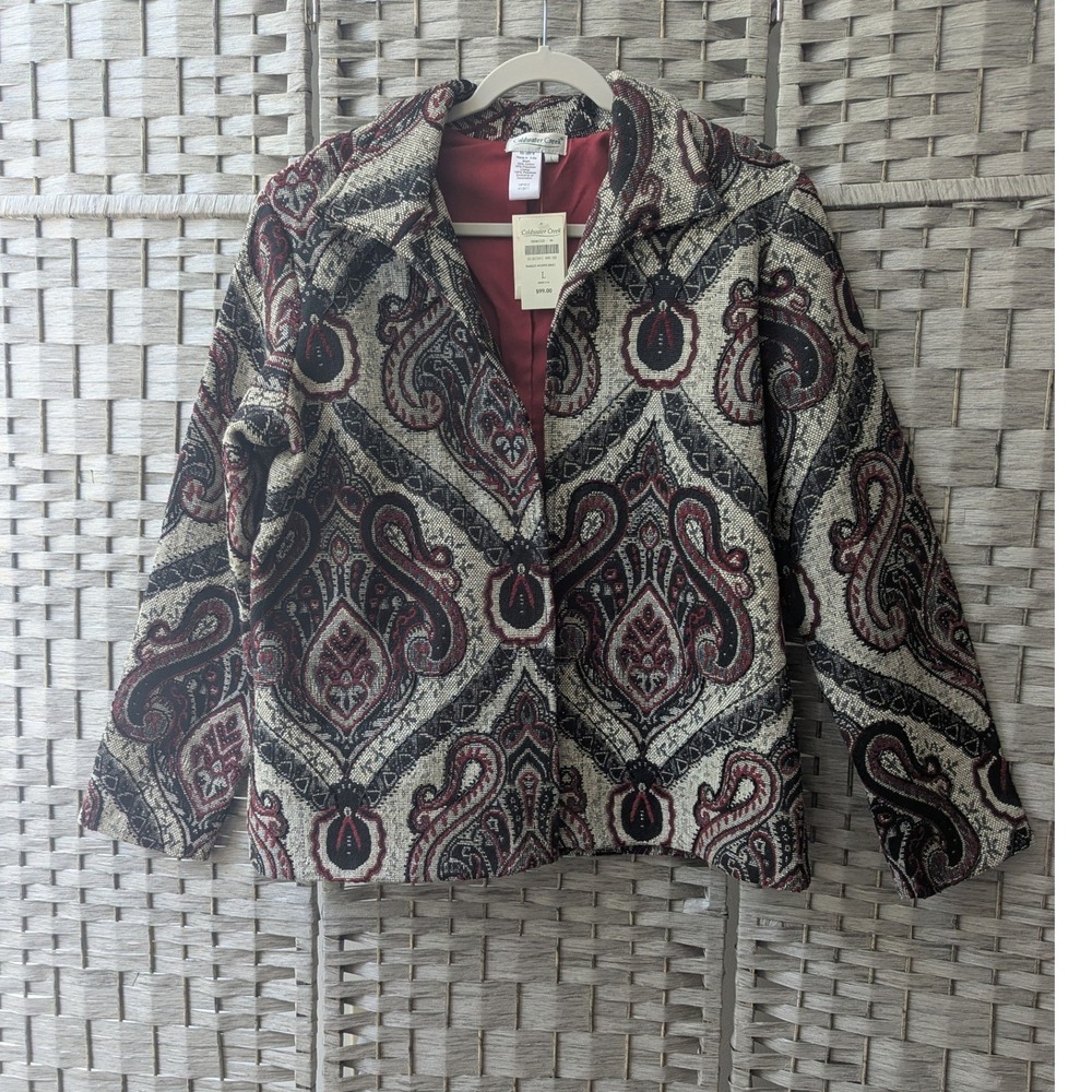 Vtg Coldwater Creek Blazer Red Black Paisley Beaded Tapestry Jacket Sz L Artsy